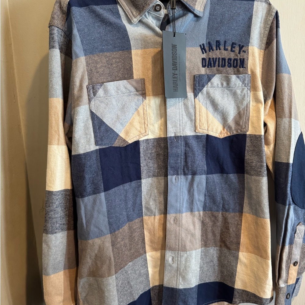 Harley-Davidson Blue and Tan Casual Button Down Shirt